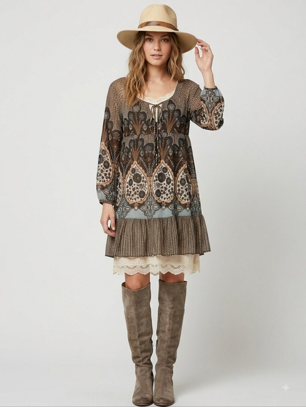 Fire Los Angeles Sheer Boho Chiffon Tunic Mini Dress Y2K Folk Peasant Small